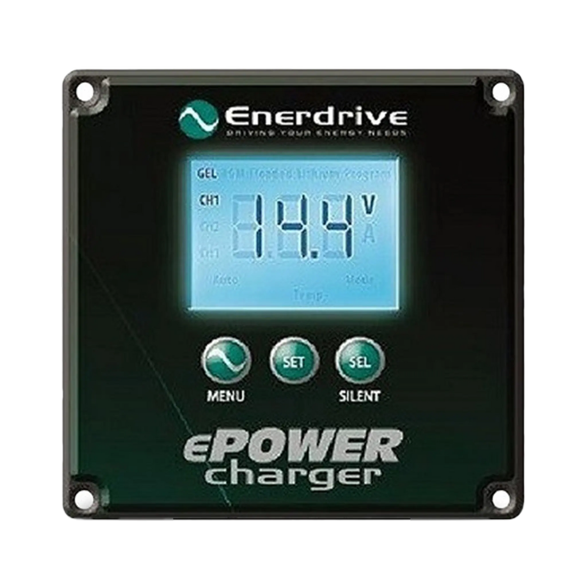 Enerdrive ePOWER ACDC battery charger remote display with a backlit voltage screen and three control buttons.