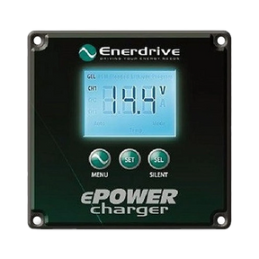 Enerdrive ePOWER ACDC battery charger remote display with a backlit voltage screen and three control buttons.