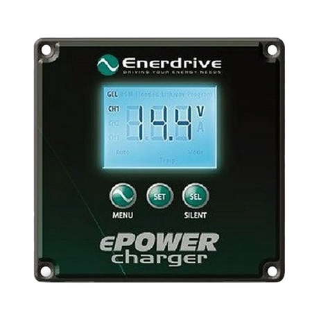 Enerdrive ePOWER ACDC battery charger remote display with a backlit voltage screen and three control buttons.