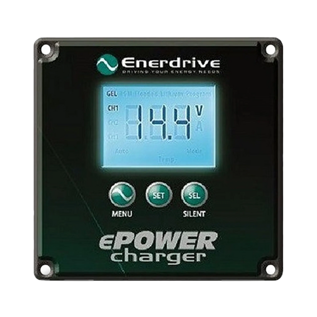 Enerdrive ePOWER ACDC battery charger remote display with a backlit voltage screen and three control buttons.