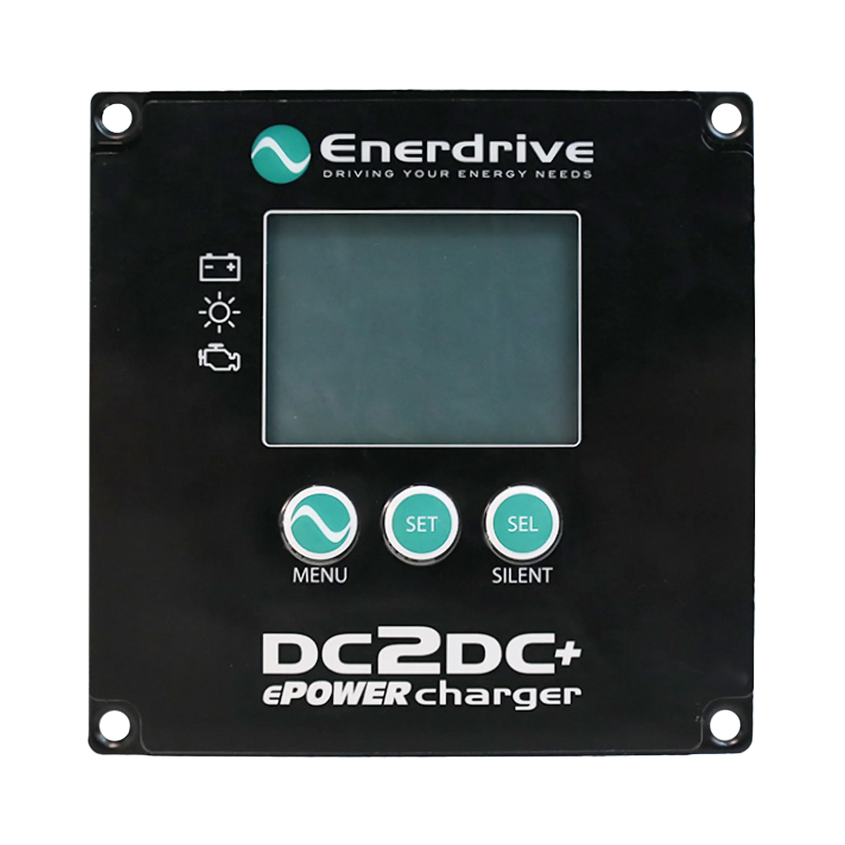 Enerdrive ePOWER DCDC remote display front view with an unlit screen, three buttons and four mounting holes.