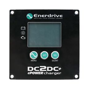 Enerdrive ePOWER DCDC remote display front view with an unlit screen, three buttons and four mounting holes.