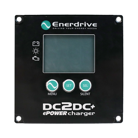 Enerdrive ePOWER DCDC remote display front view with an unlit screen, three buttons and four mounting holes.