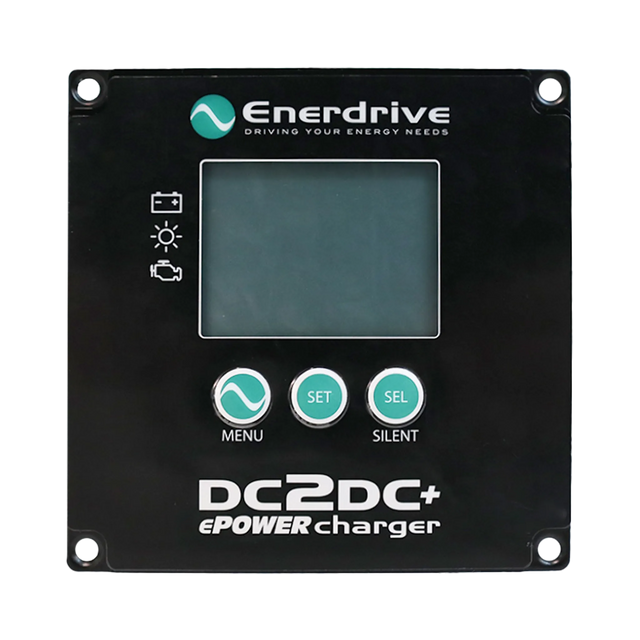 Enerdrive ePOWER DCDC remote display front view with an unlit screen, three buttons and four mounting holes.