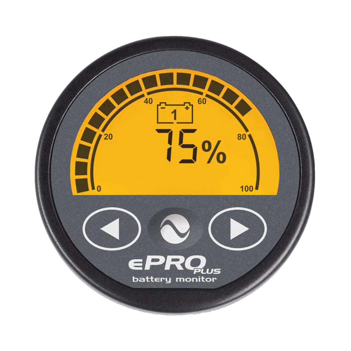 Enerdrive ePRO PLUS battery monitor display close up with a 75 percent charge reading and three control buttons.