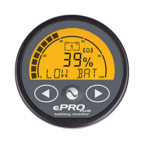 Enerdrive ePRO PLUS battery monitor display with a 39 percent charge reading and a low battery warning.