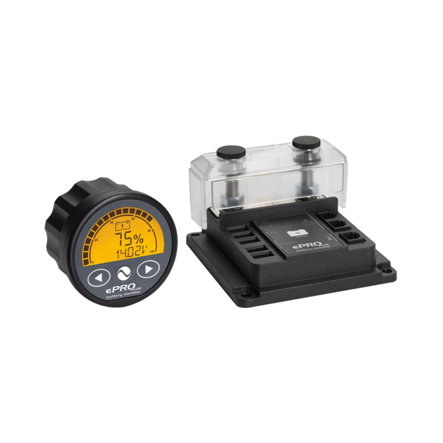 Enerdrive ePRO PLUS battery monitor with its illuminated round display and shunt under a clear protective cover.