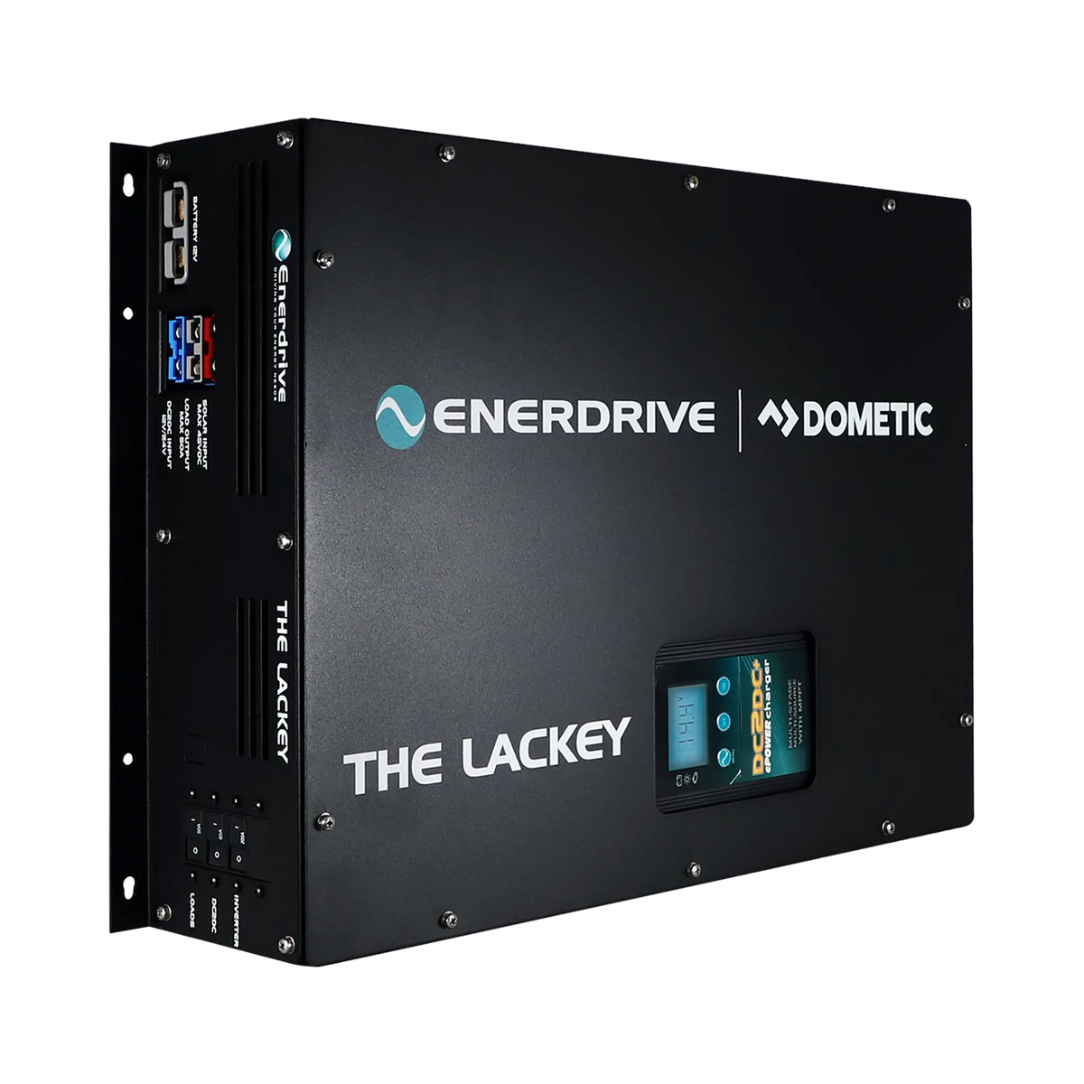 Enerdrive Lackey power system front left view with its black cover, charger display and connection panel visible.