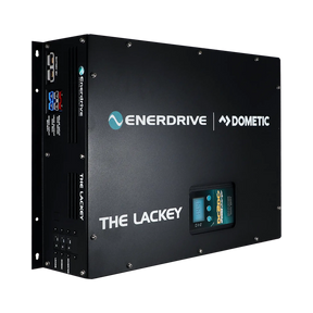 Enerdrive Lackey power system front left view with its black cover, charger display and connection panel visible.