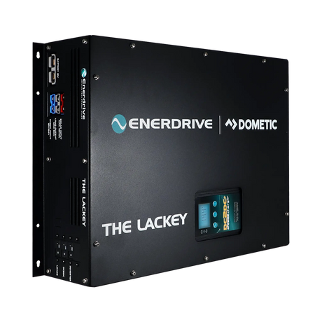 Enerdrive Lackey power system front left view with its black cover, charger display and connection panel visible.