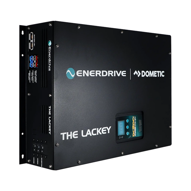Enerdrive Lackey power system front left view with its black cover, charger display and connection panel visible.