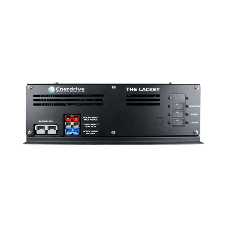 Enerdrive Lackey power system connection panel with grey, red and blue Anderson plugs and ventilation slots.