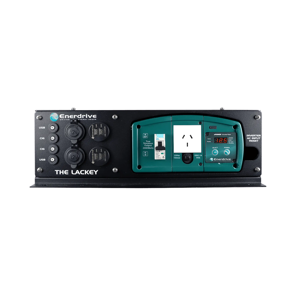 Enerdrive Lackey power system outlet panel with an AC socket, USB ports and two covered 12V sockets.