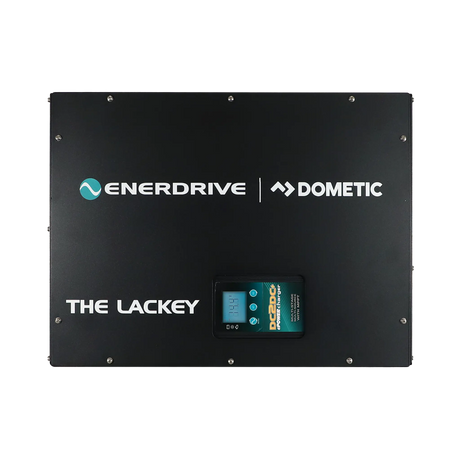 Enerdrive Lackey power system front view with a charger display inset in the black enclosure cover.