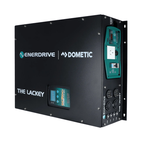 Enerdrive Lackey power system front right view with the inverter outlet and sockets visible on the side.