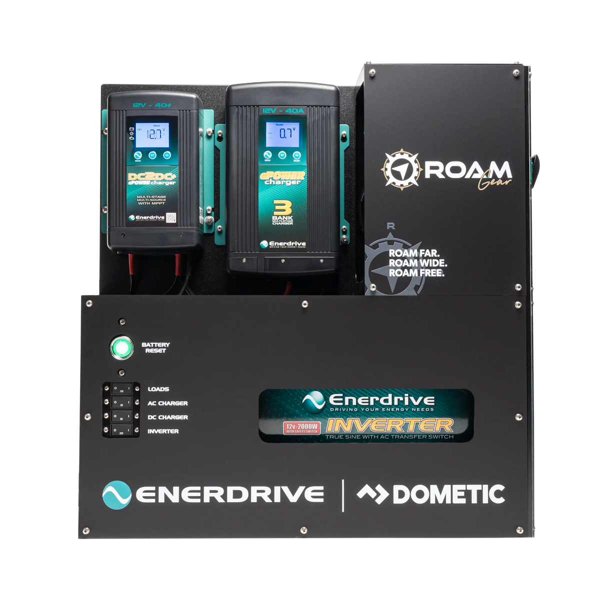 Enerdrive Adventurer 03 power system with two illuminated charger displays and a green battery reset button.
