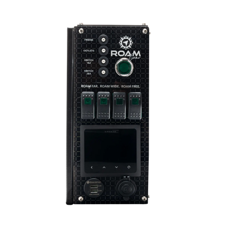 Enerdrive Explorer 02 front control panel with the Simarine screen, switches and USB ports unlit.