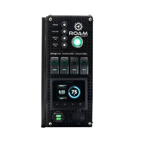 Enerdrive Explorer 02 front control panel with illuminated switches and a Simarine battery charge display.