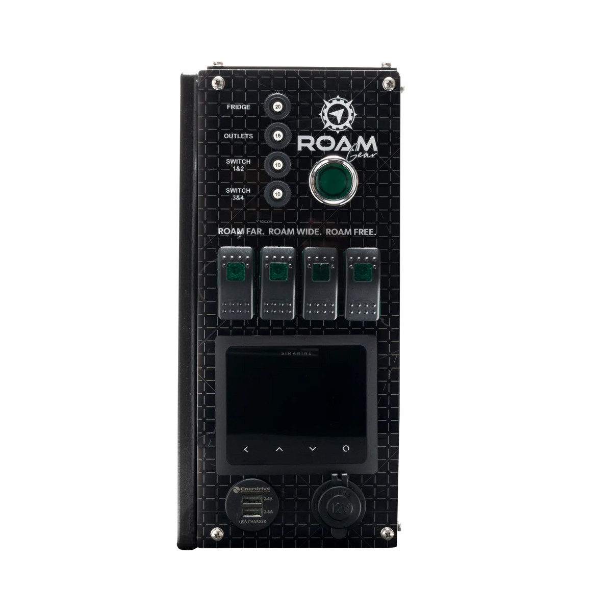 Enerdrive Explorer 03 front control panel with the Simarine screen, switches and USB ports unlit.