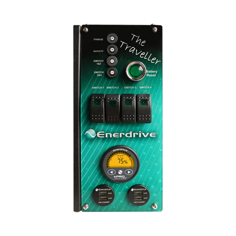 Enerdrive Traveller 01 green control panel with a round ePRO PLUS monitor, four rocker switches and USB ports.