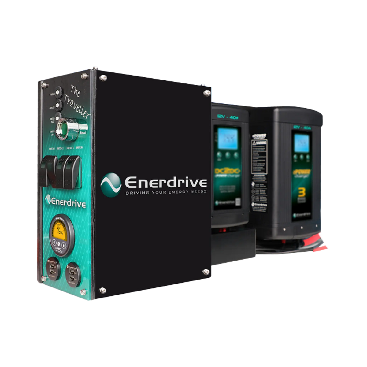 Enerdrive Traveller 01 power system angled view with a round ePRO PLUS monitor, rocker switches and two chargers.