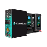 Enerdrive Traveller 01 power system angled view with a round ePRO PLUS monitor, rocker switches and two chargers.