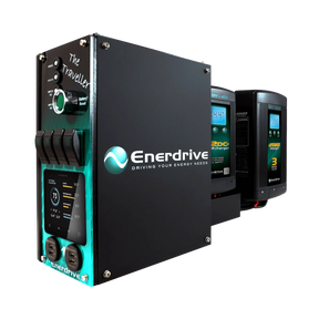 Enerdrive passenger side Traveller 02 power system angled view with two chargers behind the black enclosure.