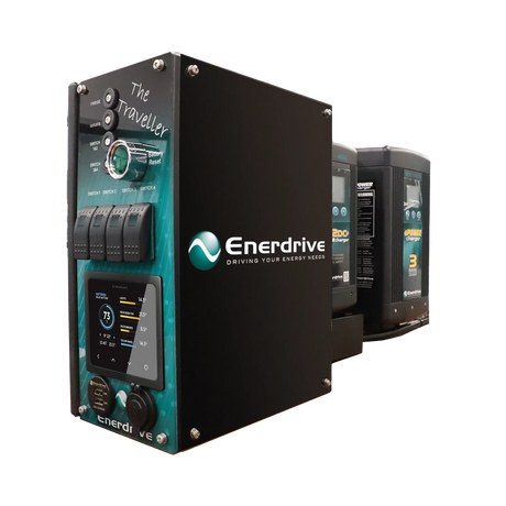 Enerdrive passenger side Traveller 02 power system angled view with its monitor, switches and sockets visible.