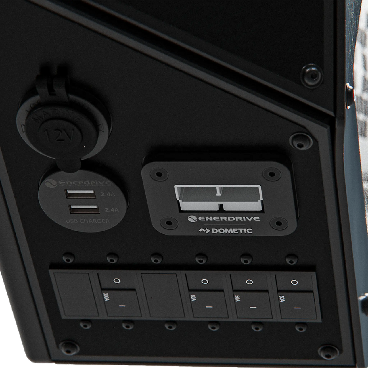 Enerdrive Passenger Side Voyager Power System USB ports and auxiliary switch panel.