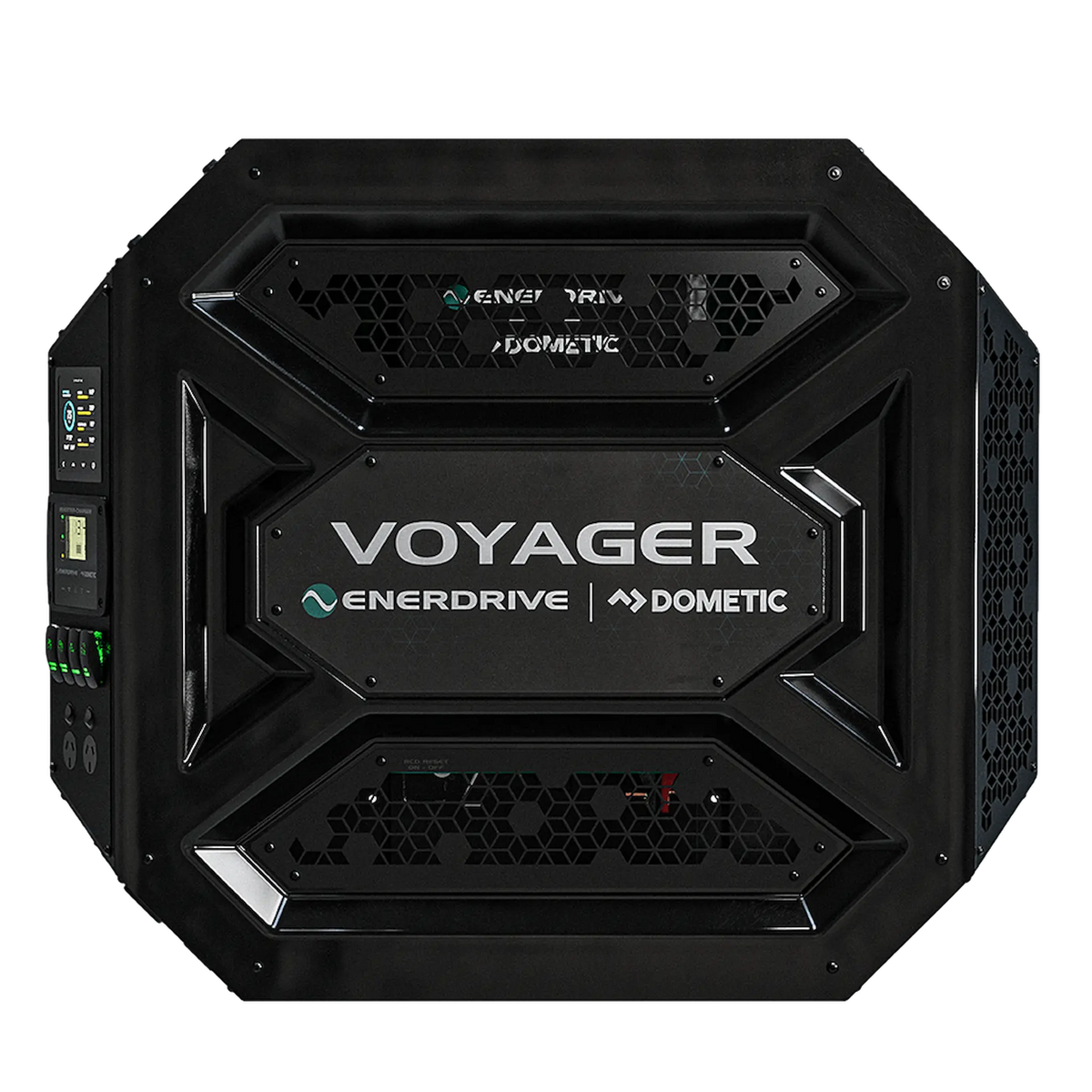Enerdrive Passenger Side Voyager Power System straight front view with Voyager logo.