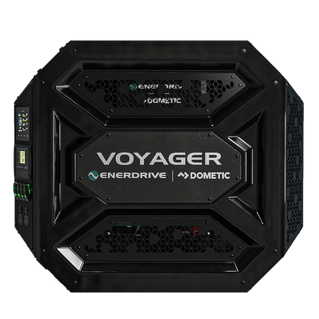 Enerdrive Passenger Side Voyager Power System straight front view with Voyager logo.