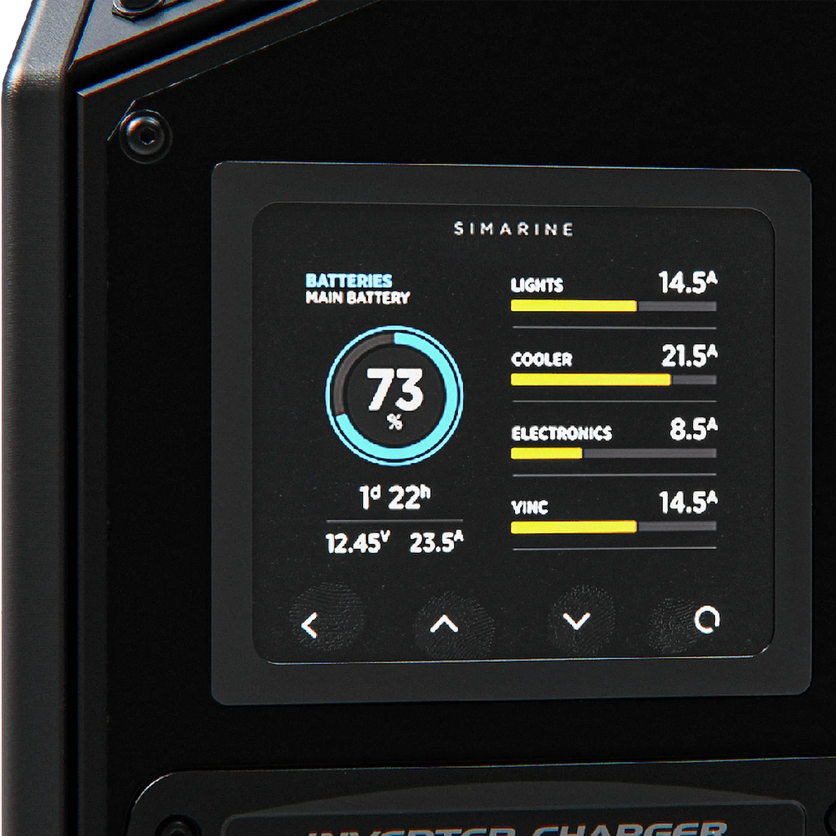 Enerdrive Passenger Side Voyager Power System Simarine screen close-up.