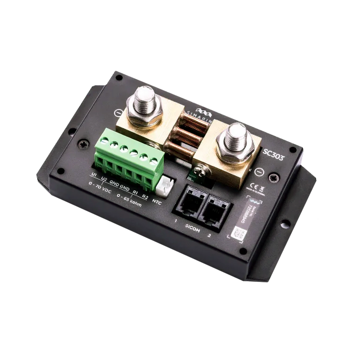Enerdrive Simarine SC303 300A battery shunt in an angled view with two bolt terminals and green connectors.