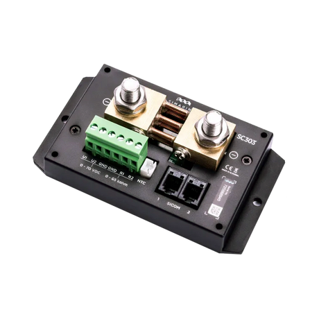 Enerdrive Simarine SC303 300A battery shunt in an angled view with two bolt terminals and green connectors.