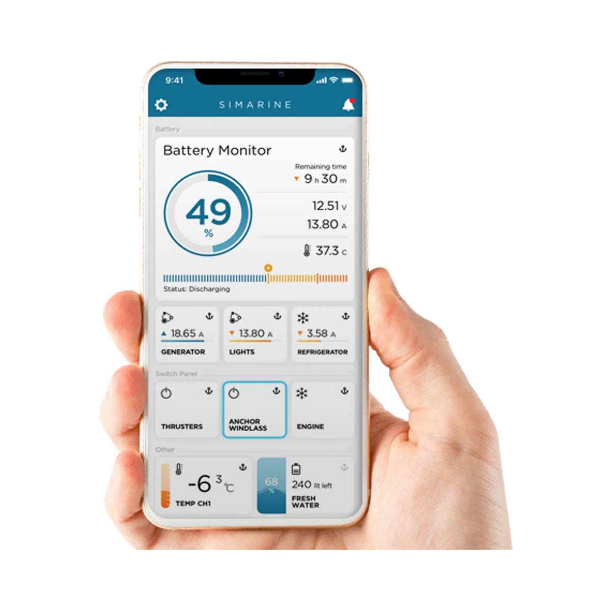 Enerdrive Simarine Pico-3 app example on a phone showing battery charge, voltage and current.