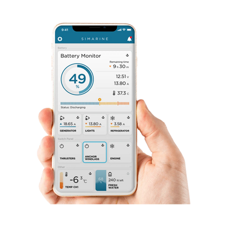 Enerdrive Simarine Pico-3 app example on a phone showing battery charge, voltage and current.