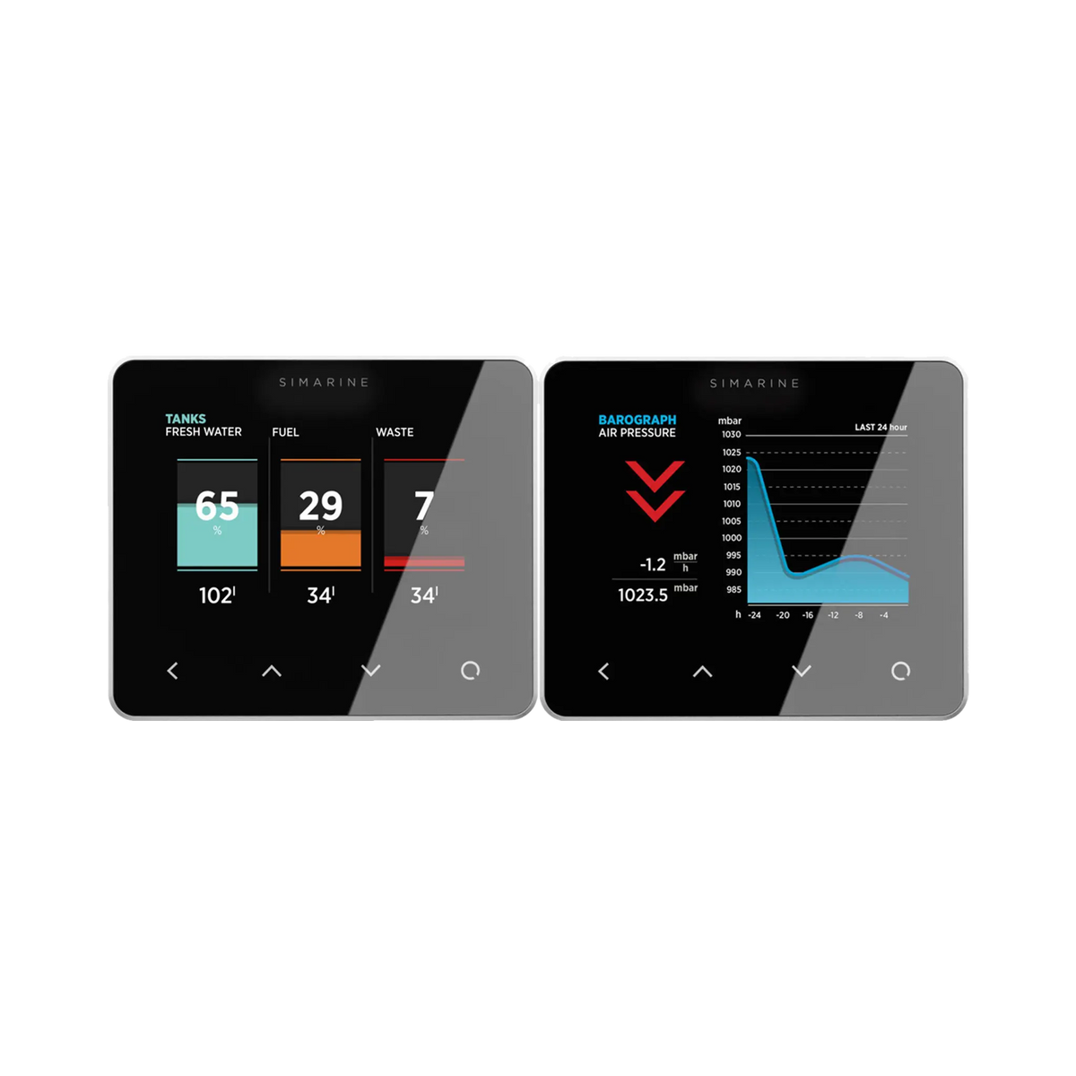 Enerdrive Simarine Pico-3 screen examples showing tank levels and a barometric pressure graph.
