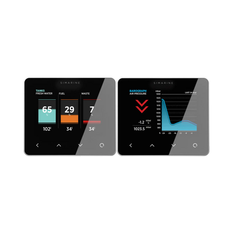 Enerdrive Simarine Pico-3 screen examples showing tank levels and a barometric pressure graph.
