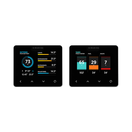 Enerdrive Simarine Pico-3 display examples with battery status and tank levels.