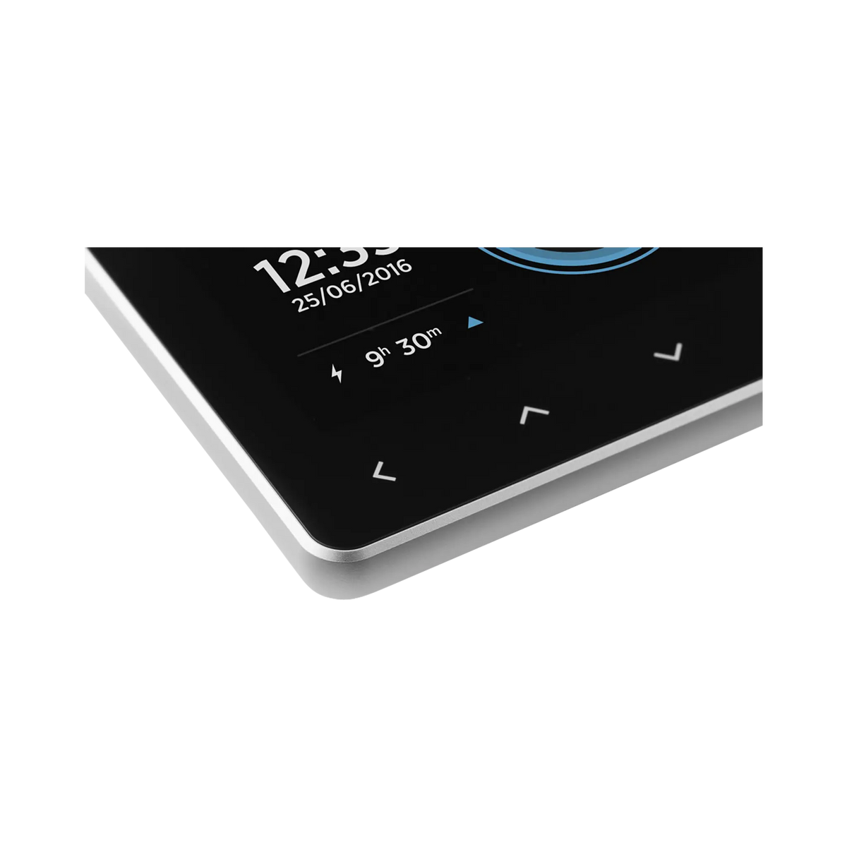 Enerdrive Simarine Pico-3 display corner close up with navigation icons and a silver edge.