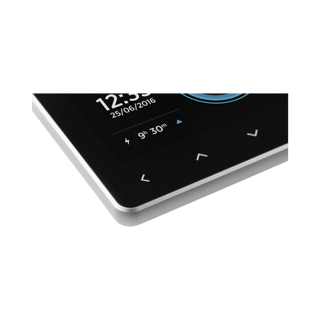 Enerdrive Simarine Pico-3 display corner close up with navigation icons and a silver edge.
