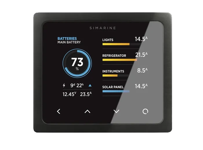 Enerdrive Simarine Pico-3 black display panel with battery charge and individual circuit readings on screen.