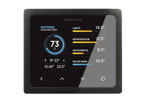 Enerdrive Simarine Pico-3 black display panel with battery charge and individual circuit readings on screen.