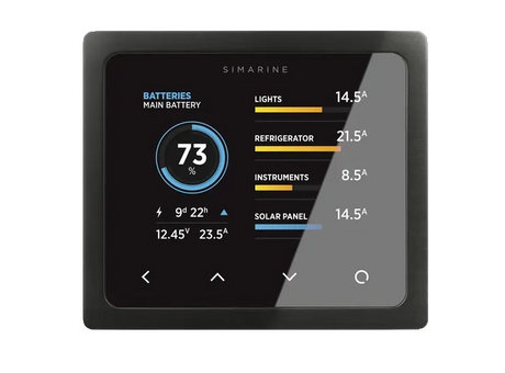 Enerdrive Simarine Pico-3 black display panel with battery charge and individual circuit readings on screen.