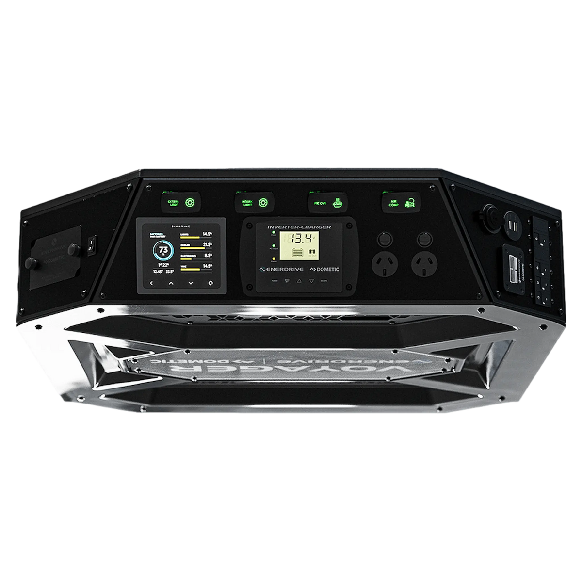 Enerdrive Top Voyager Power System underside angle view with front control panel.