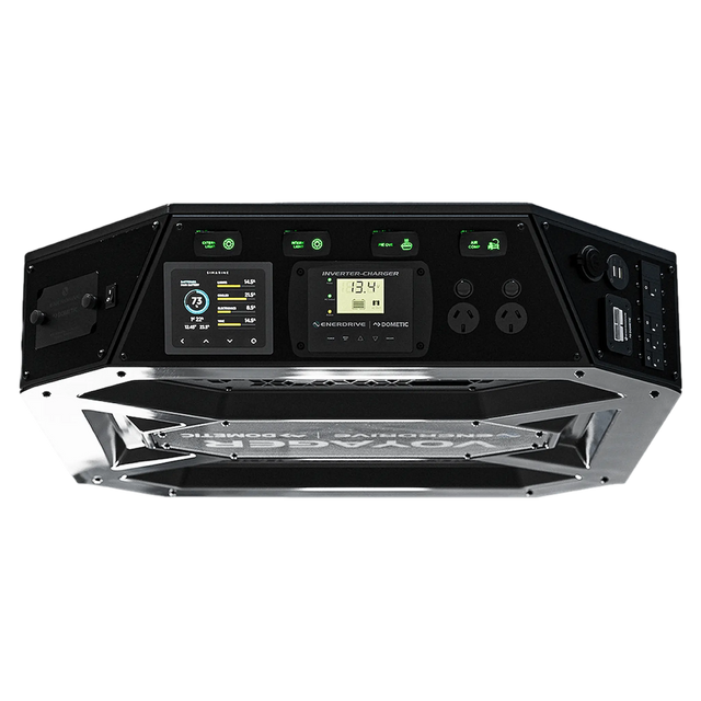 Enerdrive Top Voyager Power System underside angle view with front control panel.