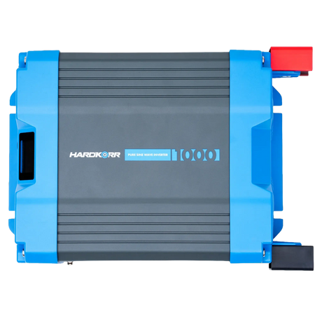 Hardkorr 1000W Pure Sine Wave Inverter - LS top view with battery cables at the rear.