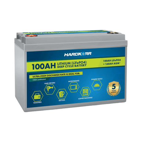 Hardkorr 100Ah 12V lithium battery front left view with top terminals and a blue and yellow front label.