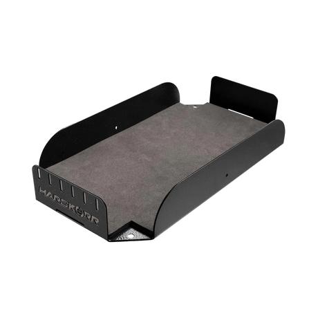 Hardkorr 100Ah lithium battery tray angled view showing the foam base, side walls and front retaining panel.