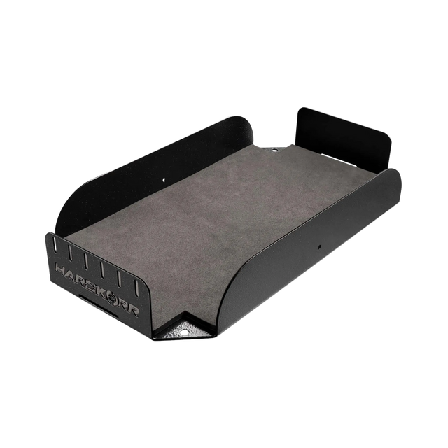 Hardkorr 100Ah lithium battery tray angled view showing the foam base, side walls and front retaining panel.